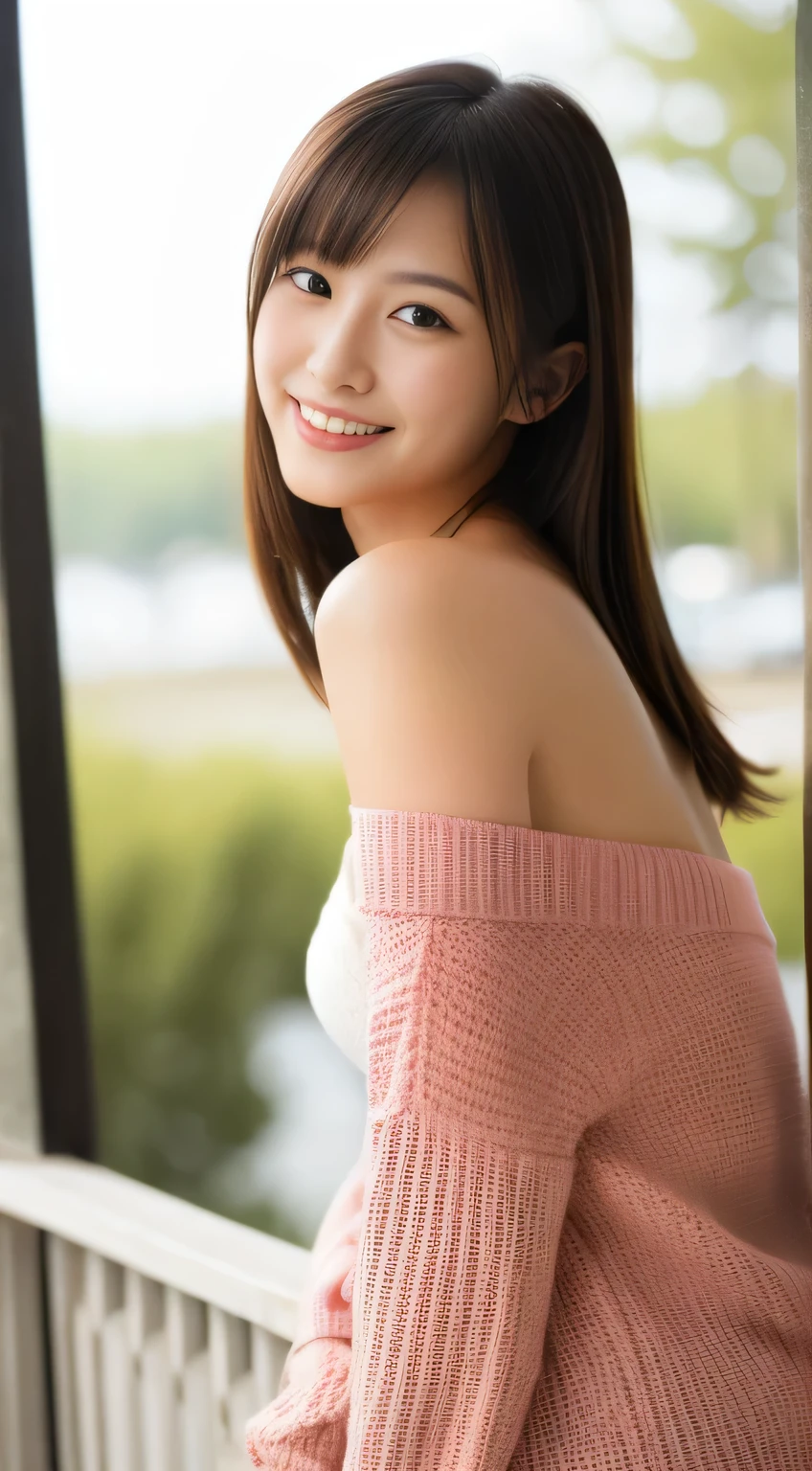 masterpiece,best quality,(Japanese girl),((Beautiful girl)),cleavage,(off shoulder:1.2),(perfect body beauty:1.2),(shy smile)