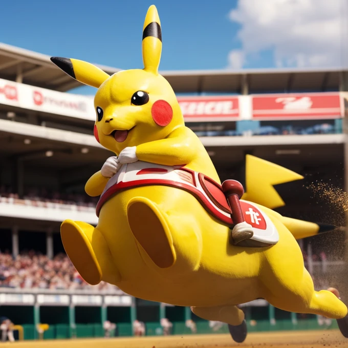 ((best quality)), ((masterpiece)), (detailed),Pikachu Horse Racing,Jockey riding Pikachu,Racecourse,