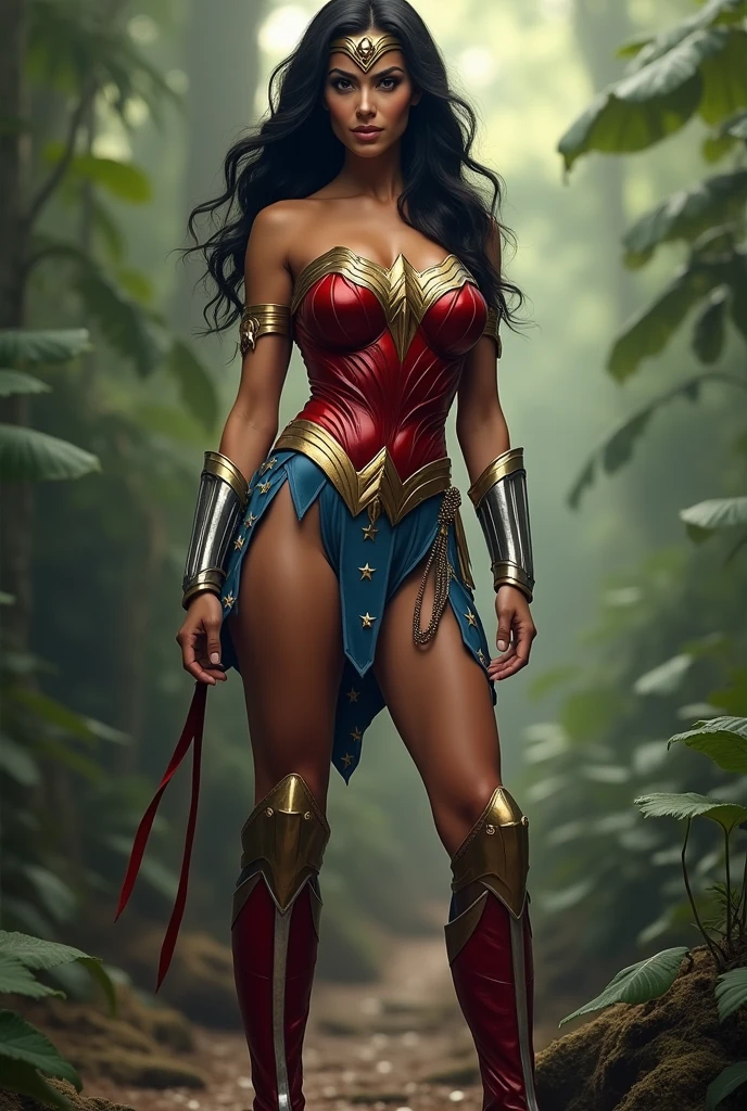 Adriana Lima under the mantle of the Amazon warrior Wonder Woman long black hair (((Red corset costume and light blue leggings with stars))),(((Red boots))),(((Diaema Wonder Woman on her forehead))),(((Long gold bracelets)))
