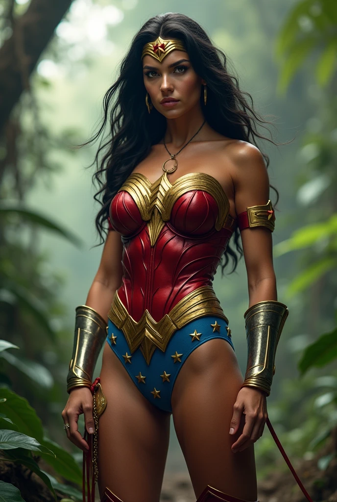 Adriana Lima under the mantle of the Amazon warrior Wonder Woman long black hair (((Red corset costume and light blue leggings with stars))),(((Red boots))),(((Diaema Wonder Woman on her forehead))),(((Long gold bracelets)))