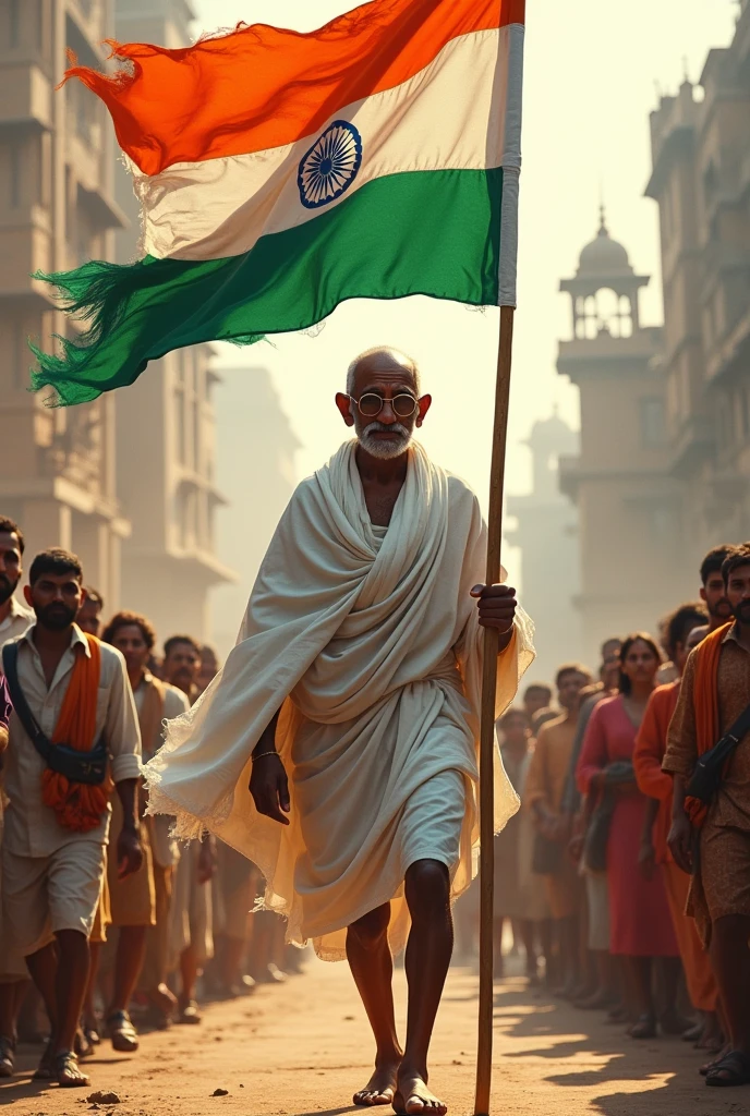 Make a Indian independence day unique image
Gandhi walking with larg Indian flag