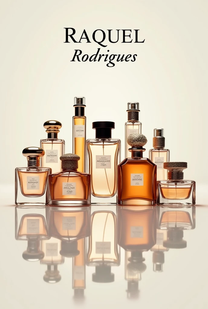 Create a brand logo with the name Raquel Rodrigues reflected with photos of various perfumes 