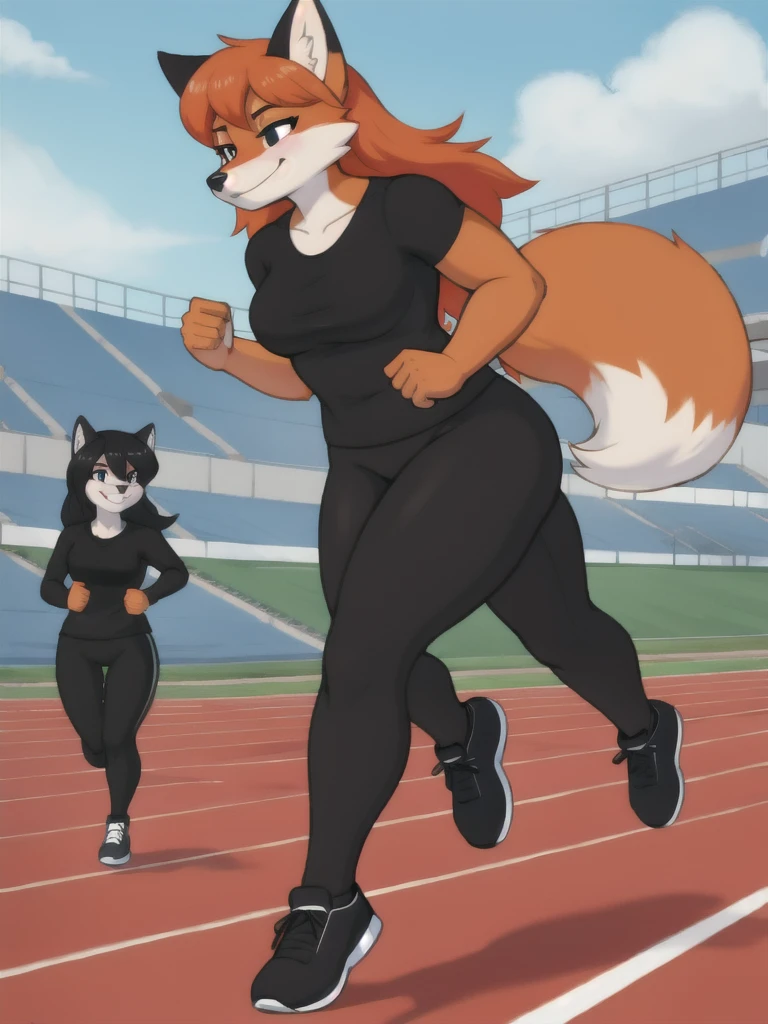 Furry, fox, female, black shirt, black leggings, shoes, running track, friends, full body
