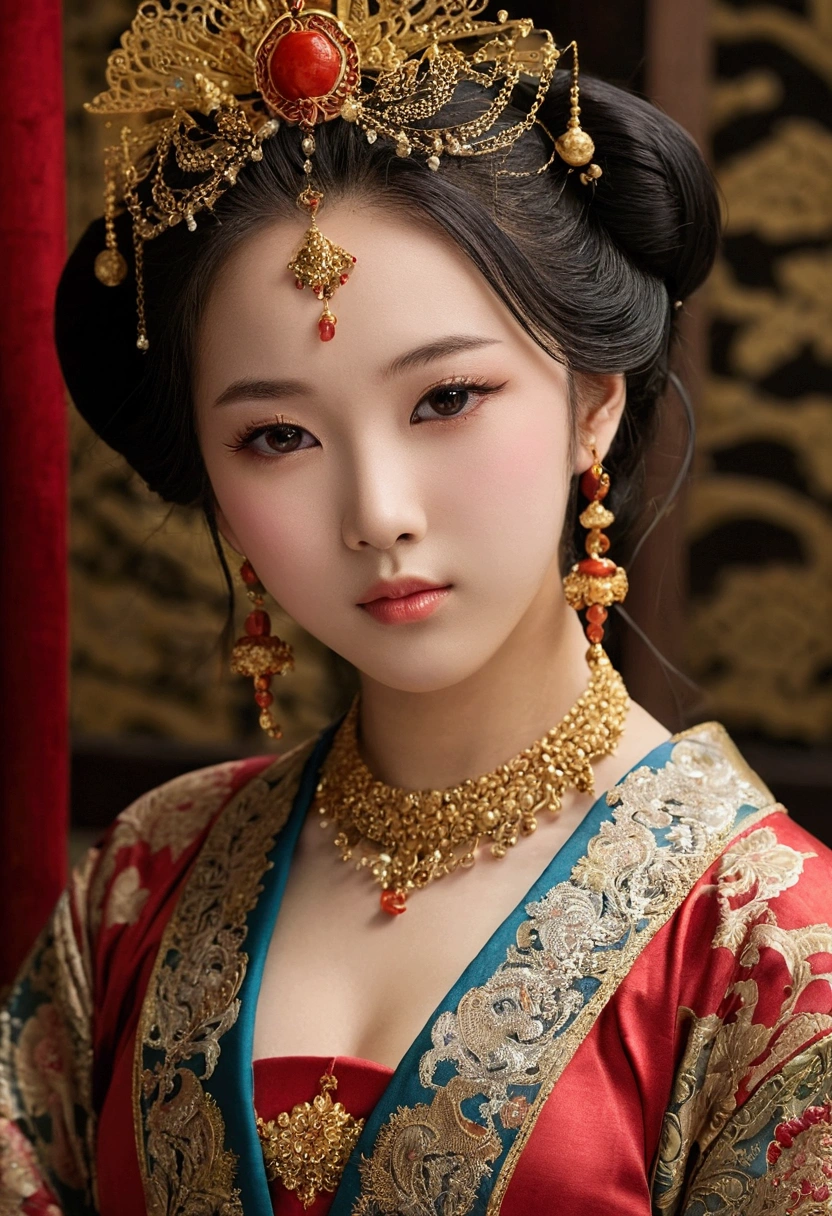 god々A beautifully and gorgeously decorated courtesan,She is a very elegant and beautiful 18-year-old girl.. Her face is richly decorated.