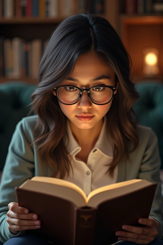 Create a realistic person reading with glasses