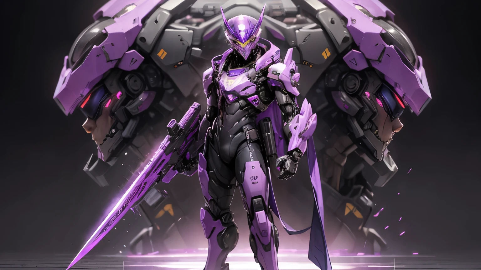 Male Robot Soldier, Purple color with gold details, Holding a submachine gun, with a Neon purple katana on his back.