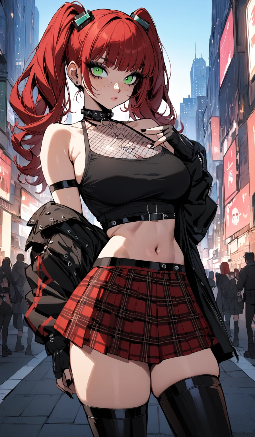 woman, curly red hair in pig tails, green eyes, black eyeshadow, wearing crop top black shirt, long black jacket, red plaid skirt, black knee high boots, black fingerless gloves, exposed shoulders, large breasts, freckles, looking at viewer, masterpiece, best quality, Holo-Punk Style, in the city, make up, eyelashes, fishnet undershirt