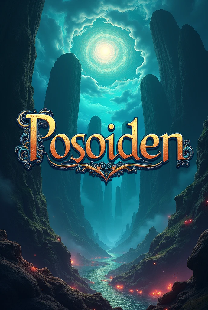 (logo:1.2),Logo with the name 'Posoiden' written on it, with a fantasy world background 