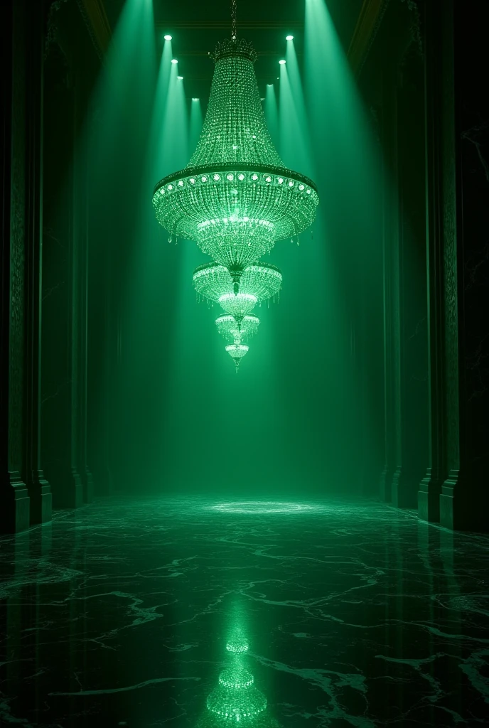 "Create an image of a stunning emerald green chandelier hanging in a dark, grand hall. The chandelier’s crystals are intricately cut emeralds, glowing softly and casting shimmering green light across the room. The light refracts into beams and patterns that dance across the walls, creating a mesmerizing effect. Below, a reflective black marble floor captures the emerald reflections, amplifying the luxurious ambiance. The background should be a mix of deep shadows and subtle green highlights, giving the scene a mysterious, opulent feel."