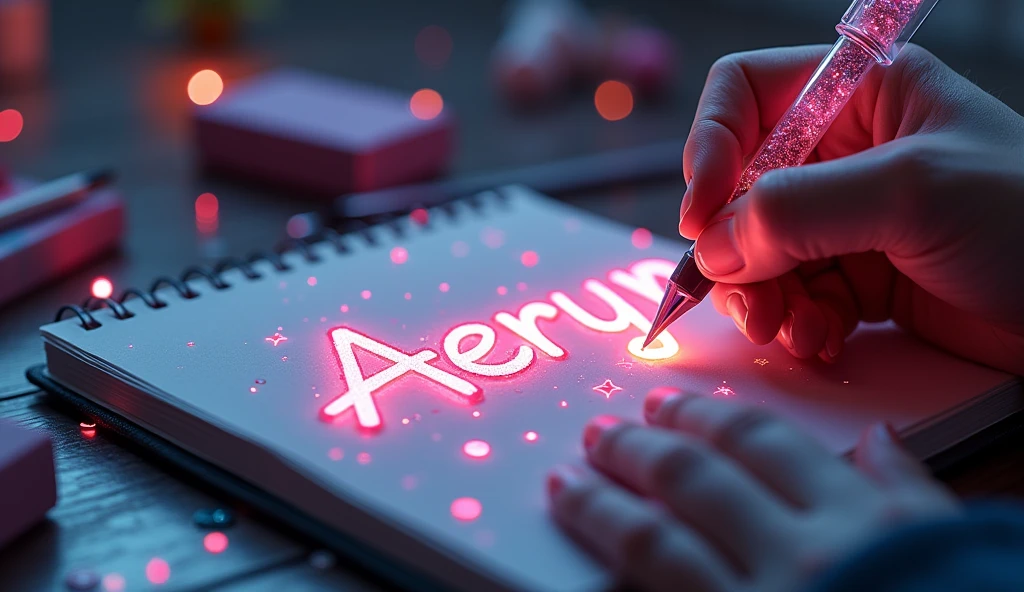 A mesmerizing, hyper-realistic 16K 3D illustration captures a magical moment of pure creativity. A talented artist masterfully sketches a message, "Aeryn ", in a notebook. El texto está compuesto de Vibrantse, Sepia stars that smoothly transition across the spectrum.. The hand of the artist, holding a transparent pen filled with radiant stars, it's exquisitely detailed, symbolizing unlimited creativity and imagination. The background is a three-dimensional sketchbook with elements scattered throughout.., adding depth and dimension to this captivating, GAMEffiti-inspired scene. The illustration radiates energy, motion, and Vibrant colors, making it a true work of art that celebrates creativity and imagination.., GAME, cinematographic, Vibrant, GAMEffiti, chart, typoGAMEphy, product, illustration, Photo, 3d rendering, fashion, dark fantasy