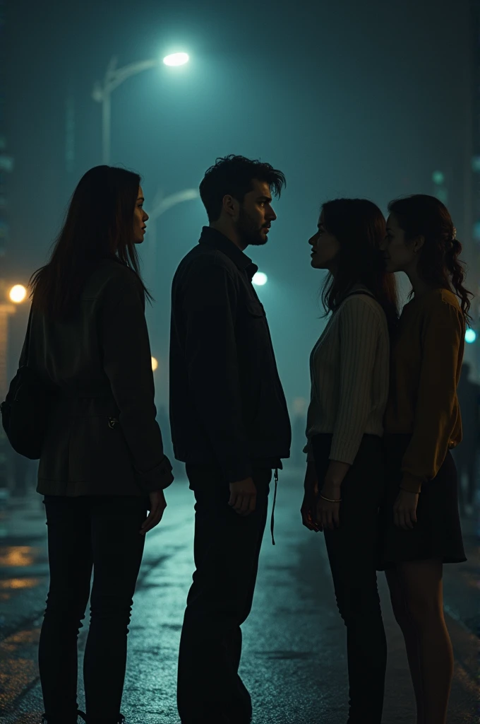 1 friend saying goodbye to 3 friends late at night, 1 man and 2 women