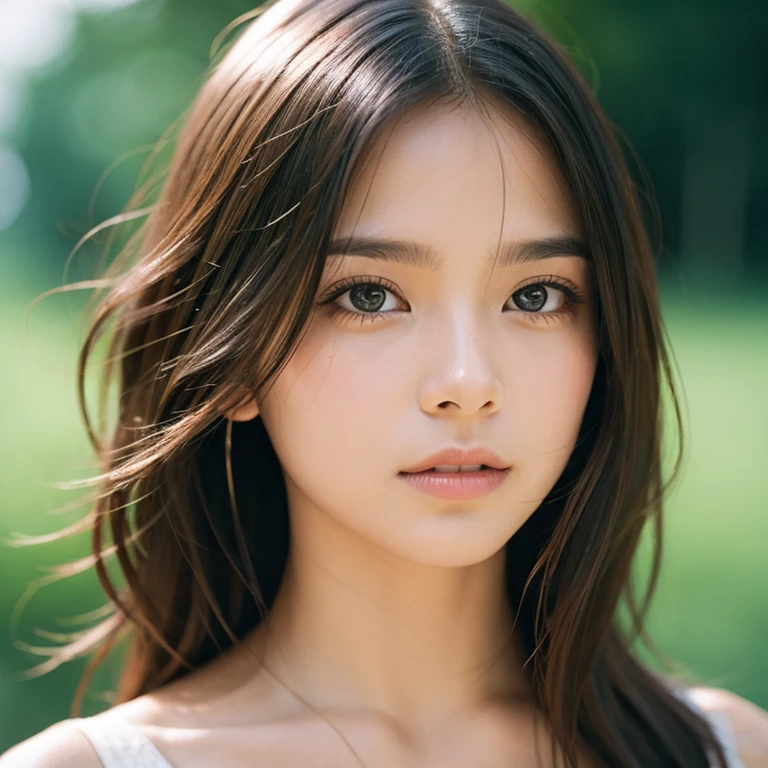 movie, Film Portrait Photography, One person, Exposing shoulders, Shoulder-length wavy hair, Calm, Calm, (Realistic eyes, Natural skin texture, Realistic facial details), Soft and dramatic lighting, Depth of written boundary, Bokeh, Vivid details, In detail, Surreal, 35mm Film, Blurred,Film Grain