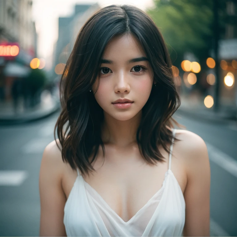 movie, Film Portrait Photography, One person, Exposing shoulders, Shoulder-length wavy hair, Calm, Calm, (Realistic eyes, Natural skin texture, Realistic facial details), Soft and dramatic lighting, Depth of written boundary, Bokeh, Vivid details, In detail, Surreal, 35mm Film, Blurred,Film Grain