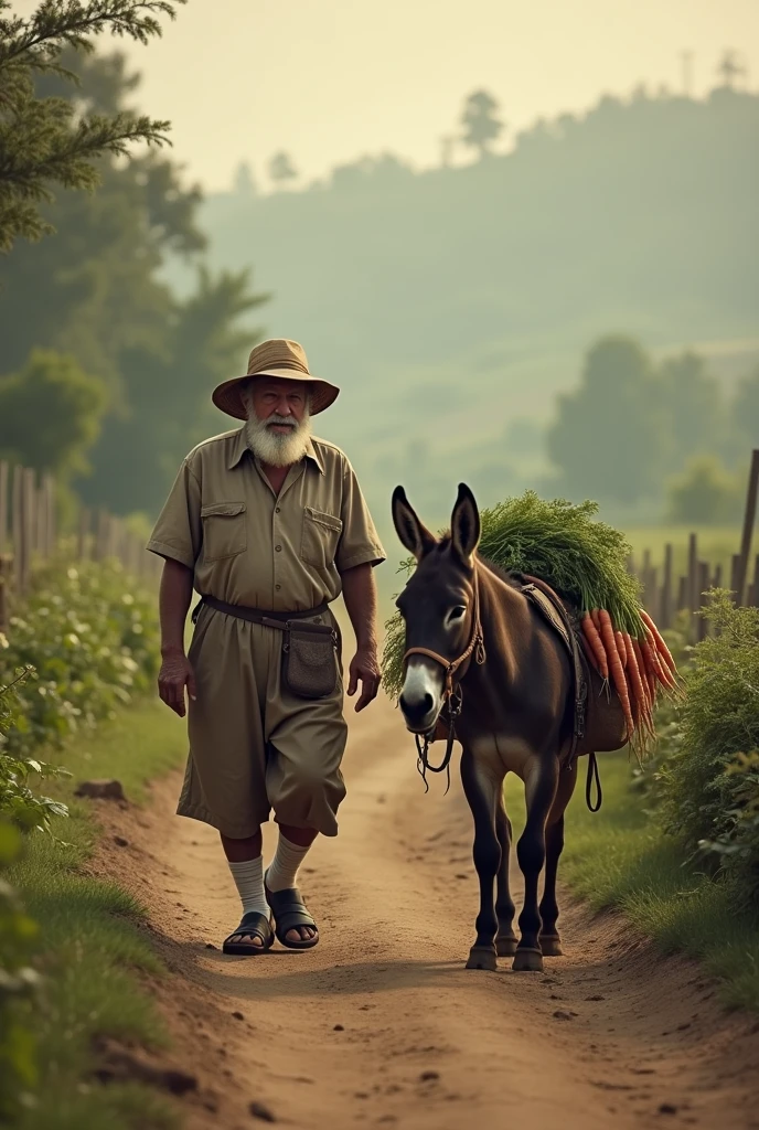 A white old man, in a old pair of socks and a beach hat, walking down the farm with a donkey carrying bag of carrots, smoky afternoon