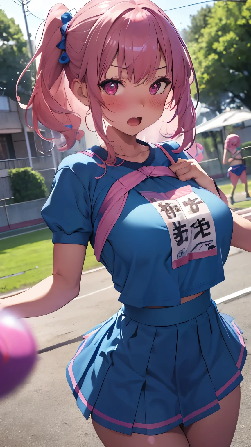 mastute piece,Best Quality,insanely detailed,8k cg,
shoot upper body,
1woman,18age,standing,body in front,looking at viewer,(blue-baton-twirling-costume,mini-skirt),break,
blush,shy,(trembling:1.2),pink hair,break,open mouth,large breast,outdoor sports field,