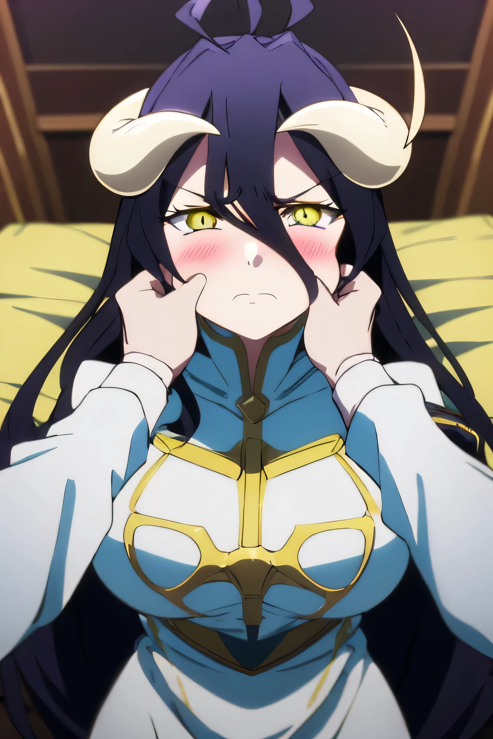 score_9, score_8_up, score_7_up, sauce_anime, Albedo, Ahoge, Black Hair, horn, Long Hair, Yellow Eyes, Big Breasts , White Dress、Pinch、頬をPinch、Pull cheeks、Put your hand on someone's face、Luxury Bedroom、blush、angry veins、POV shooter、Body lost hand、Cowboy Shot、solo、Spectators Gazing;Upper Body