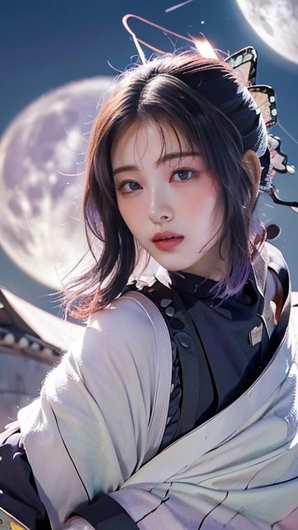 Moisturize skin, (Purple Eyes: 1.4), Perfect body, (Adult female body), Embarrassed expression, Shy, Shy, No eye contact,
rest,
,Bright red lipstick,
rest,
(Long bangs at both ends: 1.2),(Purple Tips),
rest,
((masterpiece+best quality+high resolution+Very detailed)), (whole body: 1.2),symmetry, One hit,
rest,
(Butterflies flying), (Wind Blow),(Combat stance: 1.4),((A huge full moon in the sky)),
rest,
(Xiaodie Ninja: 1.3),dignified,