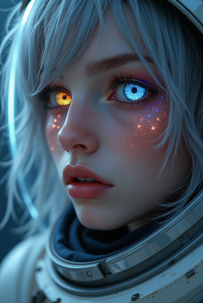 (Close-up of a better masterpiece:1.5)0.9], (Space and astronauts:1.2) (Messy silver hair:1.1) (Heterochromia xanthochromia and blue eyes:1.2) (Space Helmet:1.0) (Colored stars in the eyes:1.0) (A radiant glow:1.1) (thick lips:0.9)