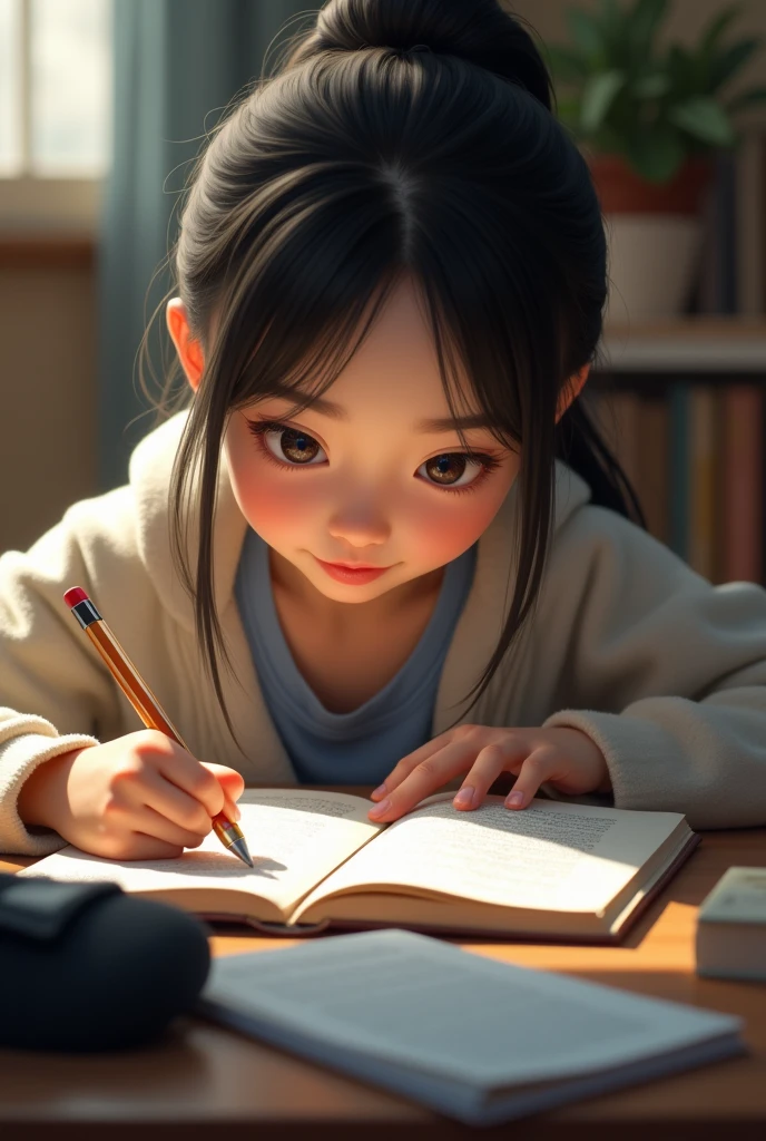 A Chinese girl wearing a black sock and study at home 
