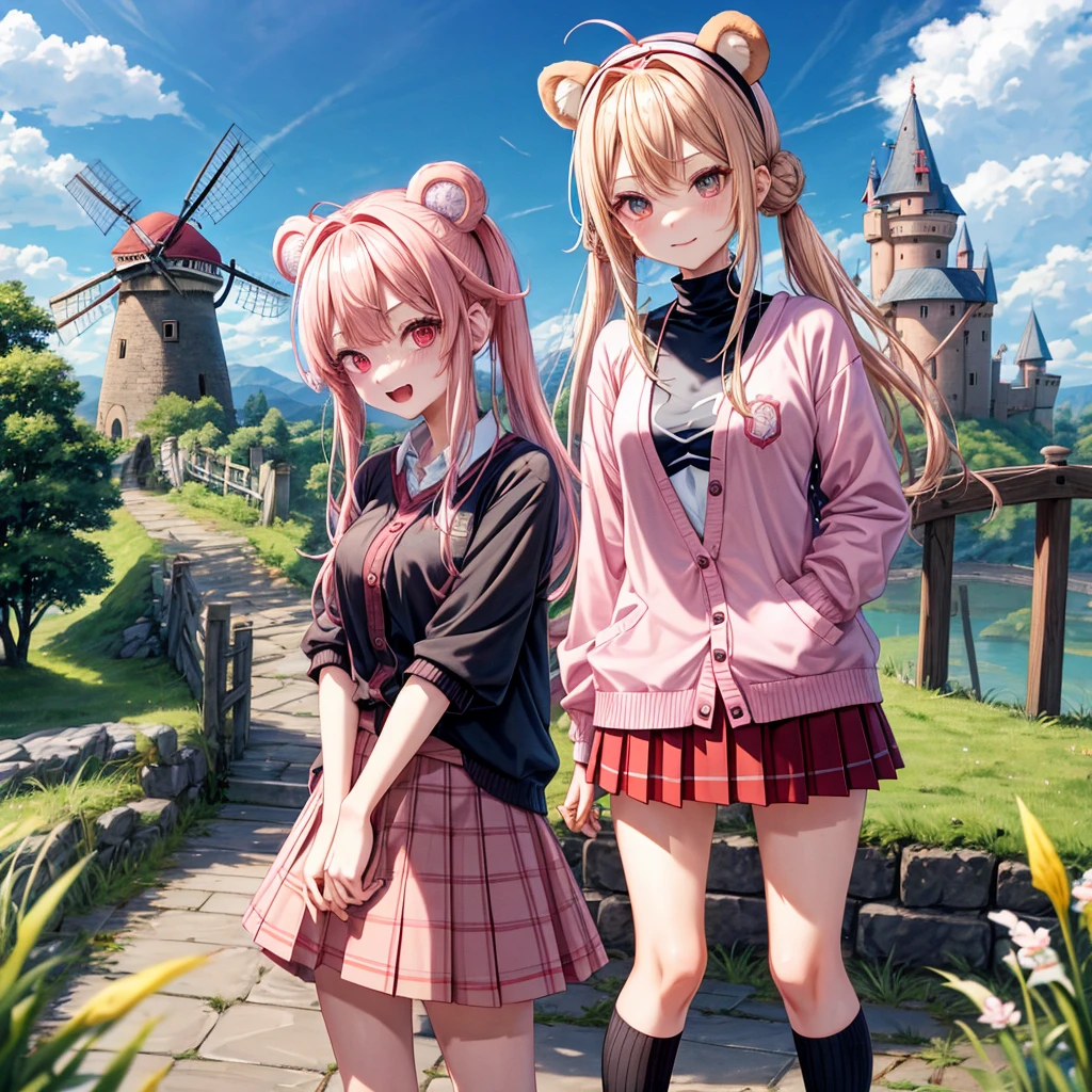 Pink Blonde、Red eyes、Hair tied up、Two cute、Checked mini skirt、black t-shirts、cardigan、Knee-high socks、bear ears baseball cap、Teeth are visible、Monster Castle、Tilting face、crossing the bridge、hazakura、windmill、grass、Stones are growing out of the ground.