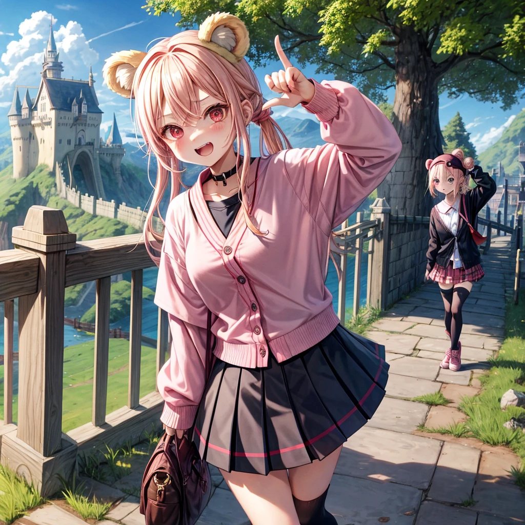 Pink Blonde、Red eyes、Hair tied up、Two cute、Checked mini skirt、black t-shirts、cardigan、Knee-high socks、bear ears baseball cap、Teeth are visible、Monster Castle、Tilting face、crossing the bridge、hazakura、windmill、grass、Stones are growing out of the ground.