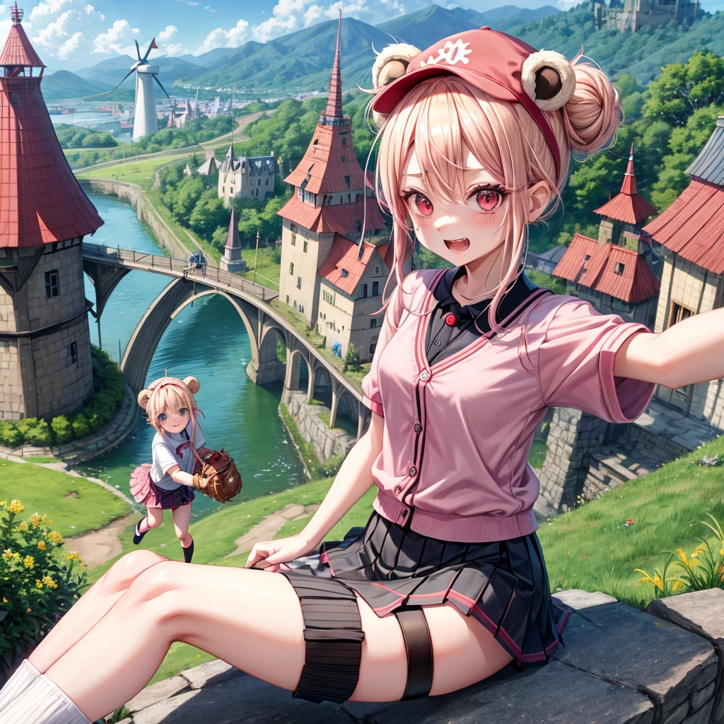 Pink Blonde、Red eyes、Hair tied up、Two cute、Checked mini skirt、black t-shirts、cardigan、Knee-high socks、bear ears baseball cap、Teeth are visible、Monster Castle、Tilting face、crossing the bridge、hazakura、windmill、grass、Stones are growing out of the ground.