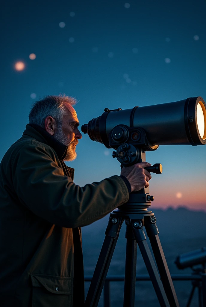 An astronomer observing the night sky through a telescope.