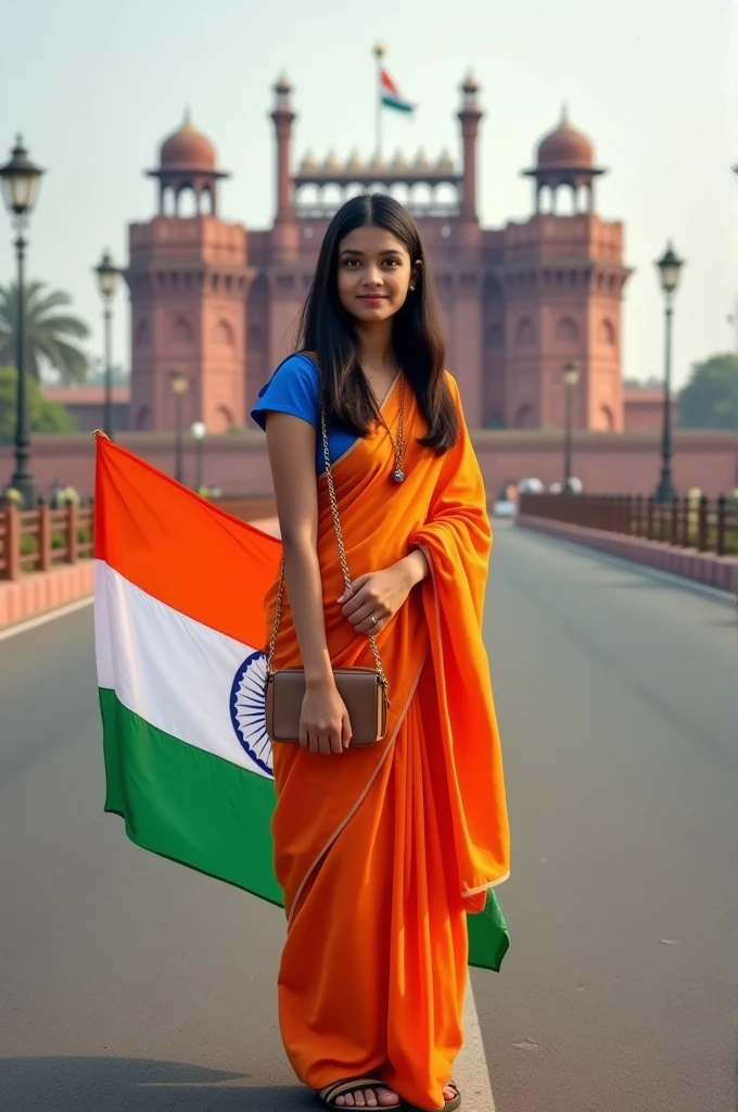 A real 21 years old girl long hair short height ed , wearing orange saree Blue blouse sandals 
and the name is Sonika written on her purse and the girl is standing on the road with holding a national flag of India and behind her is the Red Fort Delhi. And written on sky"Independence Day" create Realistic Images high quality.