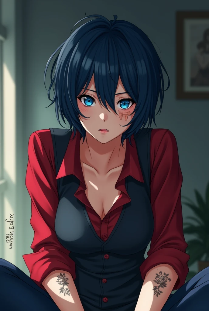 adult woman, has short, messy hair, dark blue color , eyes with pool blue iris, has a scar on her right cheek. Has a clear, soft and well-maintained skin, with scars and tattoos . The girl is dressed in a red dress shirt with black pieces, over a dark vest and dark blue pants that go with the look from below,
アニメ