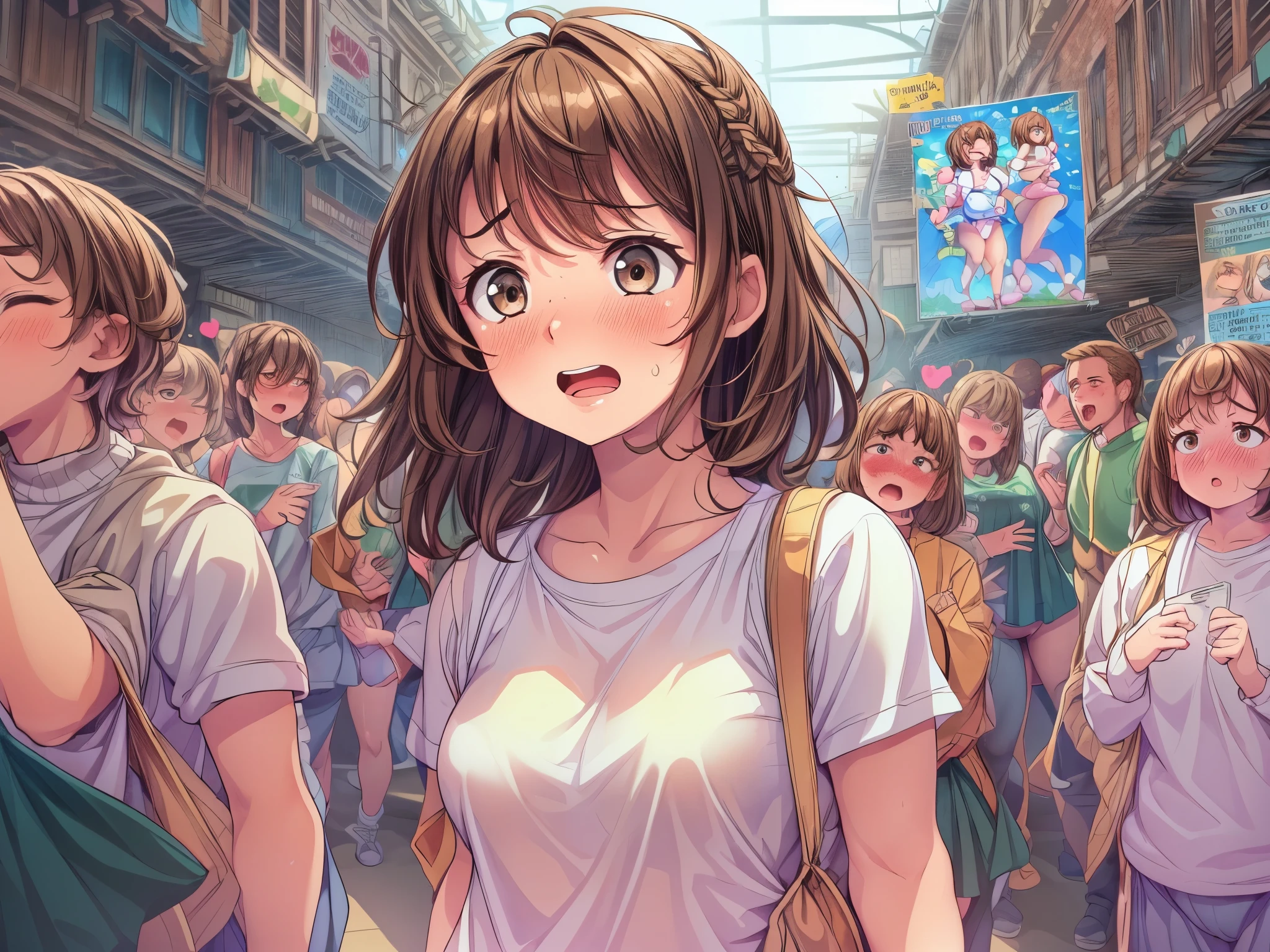 super fine illustration, an extremely cute and beautiful 18 girl, highly detailed beautiful face and eyes, (masterpiece:1.2), (best quality:1.2), wallpaper 8k CG, very precise detailed, highres,18 years old, anime screenshot, (long distance shot, (perfect anatomy), perfect five fingers, beautiful detailed short hair, brown hair, delicate arms and hands, flat chest, slim legs, brown eyes, authentic skin texture, 18 year old girl caught standing in front of the classroom, standing in the middle of the crowd of students, wearing just underwear BREAK wearing just white cotton underwear, sports bra, briefs panties with printed hearts BREAK add a lot of people, long distance shot, clear face, (embarrassed, panicking, upturned eyes, full-face blush, open mouth, parted lips:1.3), long distance shot, full body view, wearing white ankle socks only, not wearing shoes, standing in the middle of the crowd, crowd laughing ((huge ass, from behind))