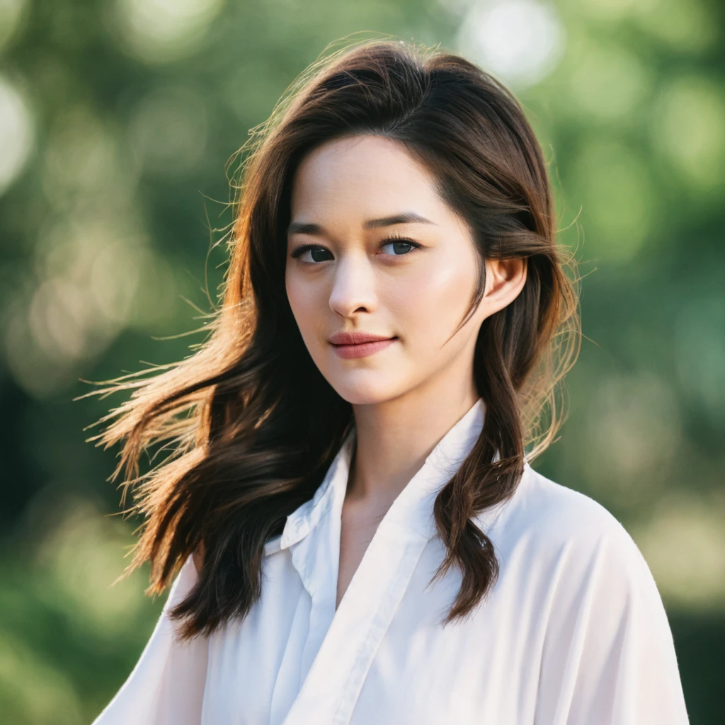 1girl, quite a bit body, Realistic photograph best quality portrait of a beautiful gorgeous young cute Asian woman, 21yo., looking at viewer, detailed face, Realistic texture human skin, very beauty long and slender bright glowing face, droopy hooded eyes, wavy nose, full wide lips, close lips wided smile, wind tousled ponytail, studio portrait, (((young Marion Cotillard  blended face mixed with young Anne Hathaway))), wearing white wuxia clothing, hand up to swing up hair, flirting smiling portrayal, ethereal girl, intimate lighting sturdy, real photo, brown eyes, best quality, masterpiece, Leica SL3, Summicron-SL 75mm ASPH, F/1.8, (cinematic still:1.2), Film Never Die Kiro 400 film, bokeh, rim lighting, silhouette, shallowed depth of field, 