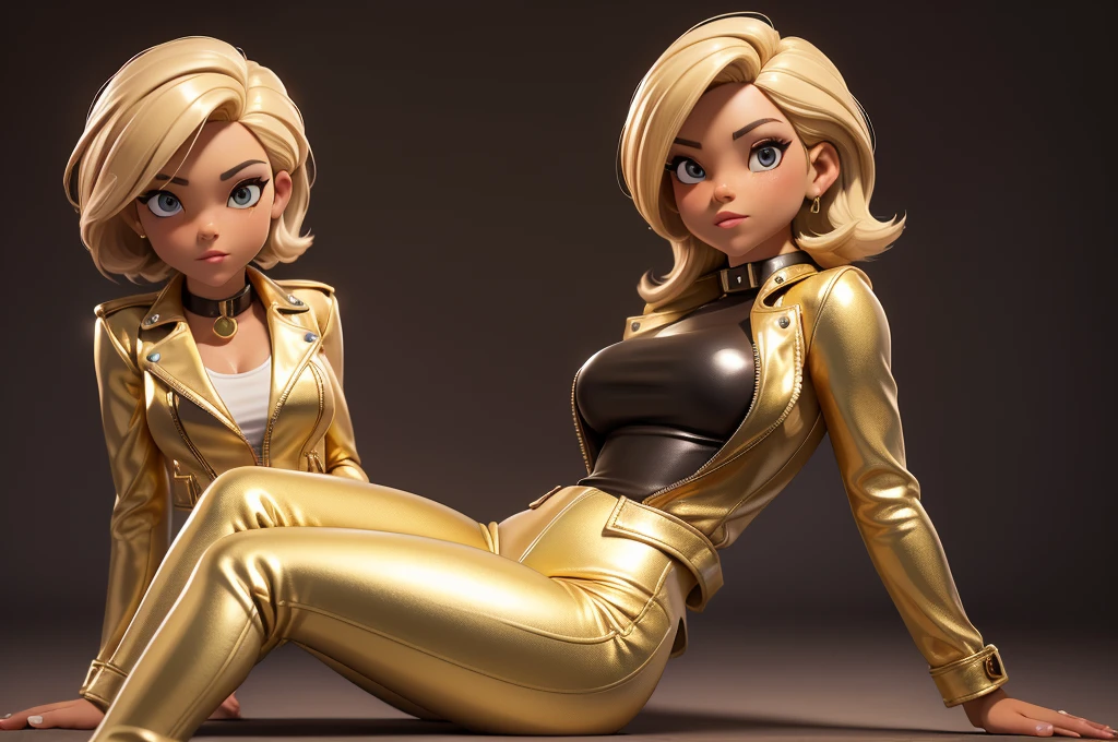 obra prima, melhor qualidade, ((only one woman,)) ((elizabeth pipko, dark tan skin, blonde bob hair,)) erect cone tits, ((wearing shiny gold leather biker moto jacket,)) ((jacket has padded shoulders, jacket has stiff high collar,)) (((wearing shiny gold leather pants,))) body is very skinny, ((laying down, resting on one hip,)) ((camera back of body view,)) shallow depth of field, highres, HD, 8k, anatomically correct