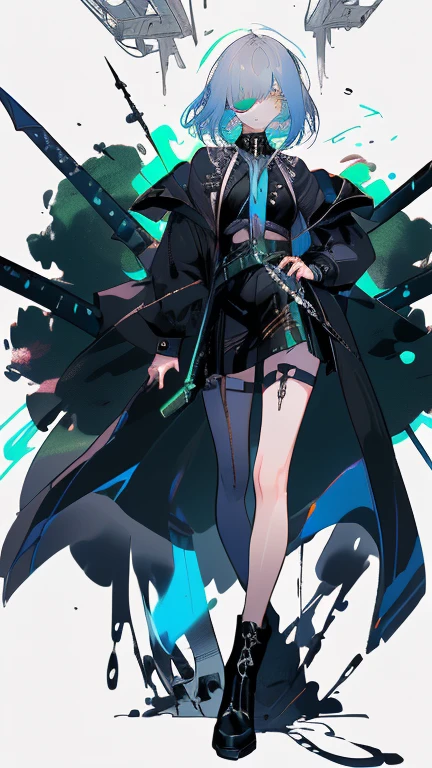 High resolution、sharp lines、、Beautiful face、Well-formed face、、slender、Futuristic black sword、Heavy equipment、Bondage、fine hair、Hiding one eye with hair、Sharp Eye、Jewel-like eyes、White background、Fantasyな色彩、Near future、Facing forward、Small face、Small breasts、Attractive lips、whole body、Long legs、From head to toe、Beautiful legs、They are equipped with weapons.、Armament、A serious face、Black boots、Character portrait、Sharp lines、Clear line art、Standing with your legs apart、cool、Cool pose、Near-future equipment、Character portrait、The size of the girl in the picture、Black clothes、A more human-like outfit、A body that's youthful and feminine、9 heads、Clothes that combine futuristic and Japanese styles、Mr.々Hair color、Mr.々Hairstyle、Shape your face、Fantasy、Head to Knee、Blue and green light、Could you draw the face more clearly?、
