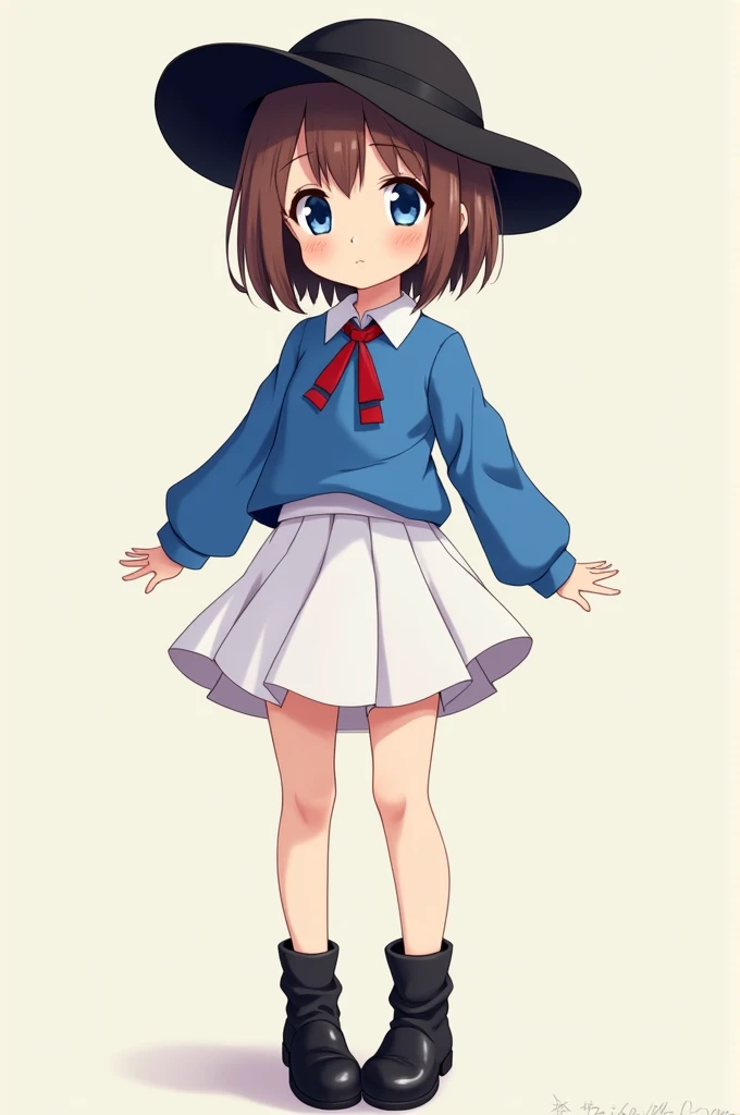 Female, Anime, Young, Short brown-haired, Faired skin, Blue eyes, Black hat, Blue long-sleeved shirt, White skirt, Black boots