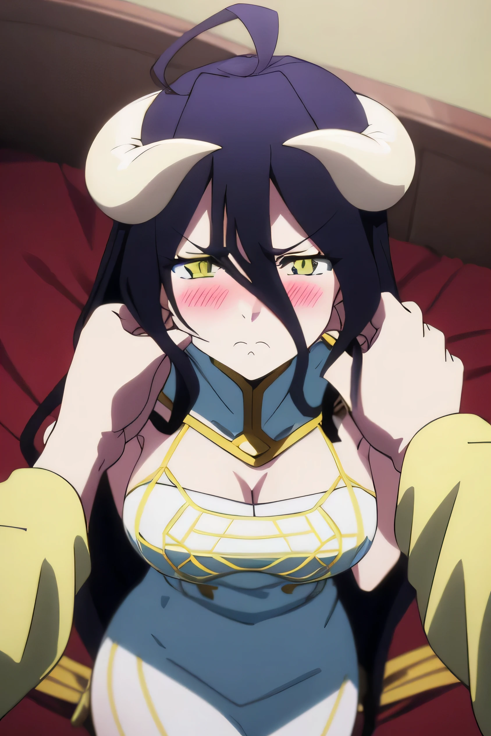 score_9, score_8_up, score_7_up, sauce_anime, Albedo, Ahoge, Black Hair, horn, Long Hair, Yellow Eyes, Big Breasts , White Dress、Pinch、頬をPinch、Pull cheeks、Put your hand on someone's face、Luxury Bedroom、blush、angry veins、POV shooter、Body lost hand、Cowboy Shot、solo、Spectators Gazing;