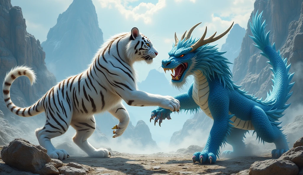 Ultra detailed, high resolution, 4k, masterpiece, The white tiger of the west Bai Hu in a close melee combat with the azure dragon of the east Seiryu, the dragon has 4 legs, Chinese mountains background,