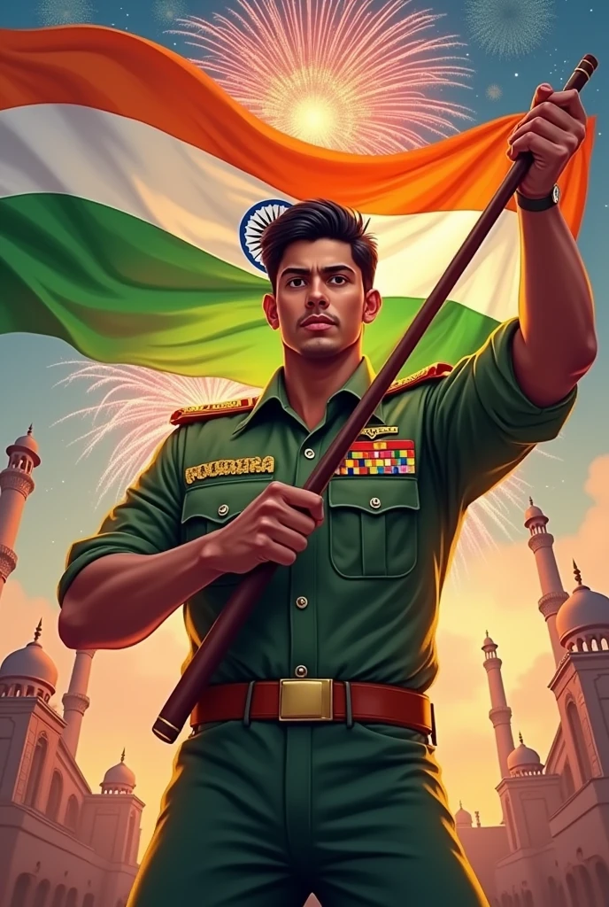 “Illustration of a 25-year-old Indian men dressed in a Indian army , proudly holding the Indian flag. He standing in front of a historic monument with fireworks in the sky. Her blouse has ‘POORNA‘ embroidered in gold, and the text ‘Happy Indipendents day next line Proud to be Indian’ shines above.”