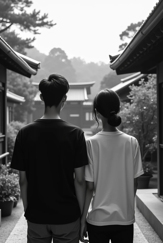 A photo of a young couple wearing black and white t-shirts and facing away from the camera., Japan、Monochrome