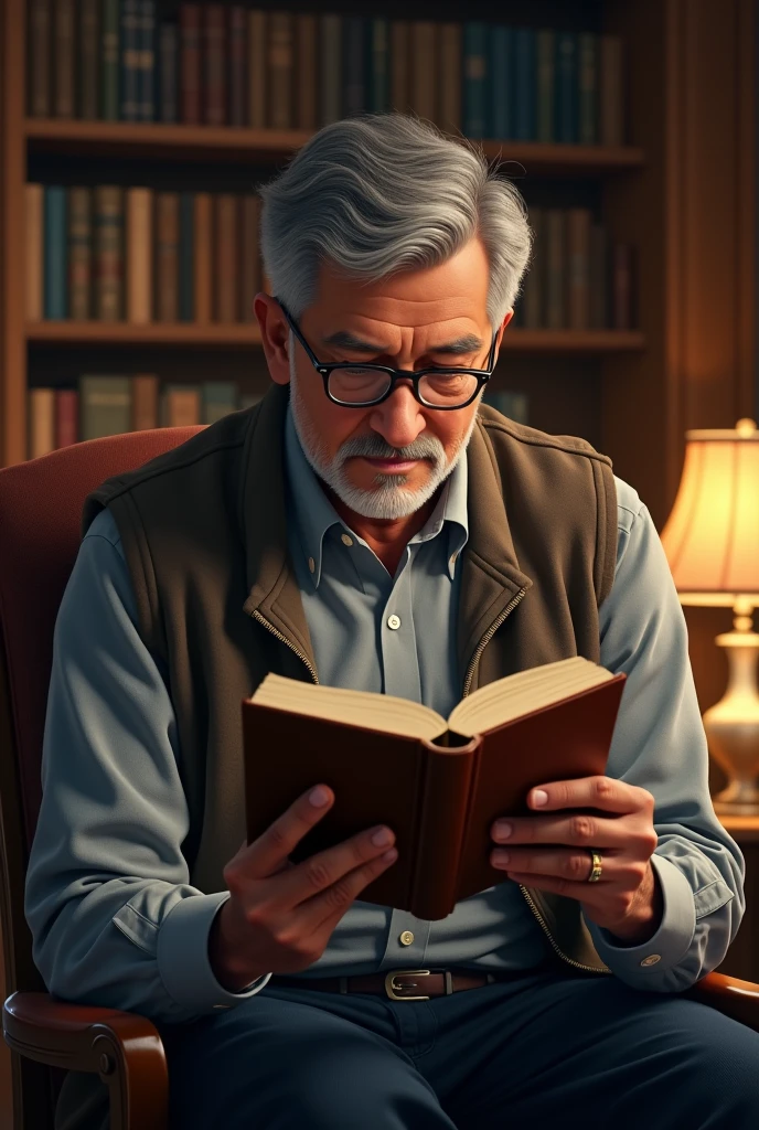 Create a realistic man reading with glasses