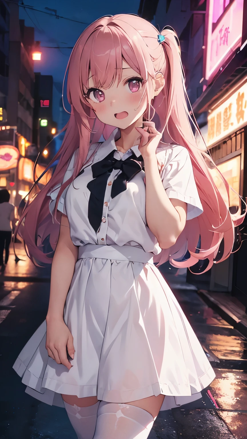 mastute piece,Best Quality,insanely detailed,8k cg,nsfw,
shoot full body,
1girl,standing,body in front,(white blouse shirt,blue long skirt,white tights), 
BREAK,
blush,shy,ecstasy face,gasping,(trembling:1.2),pink long hair,break,open mouth,(neon street:1.3),(love hotel:1.3),night,