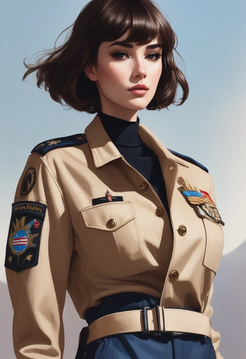 Realistic woman, short Brown hair, Brown eyes, Black choker, long Black gloves, Beige military jacket, beige military pants, (BLUE whip), Black military belt, half body