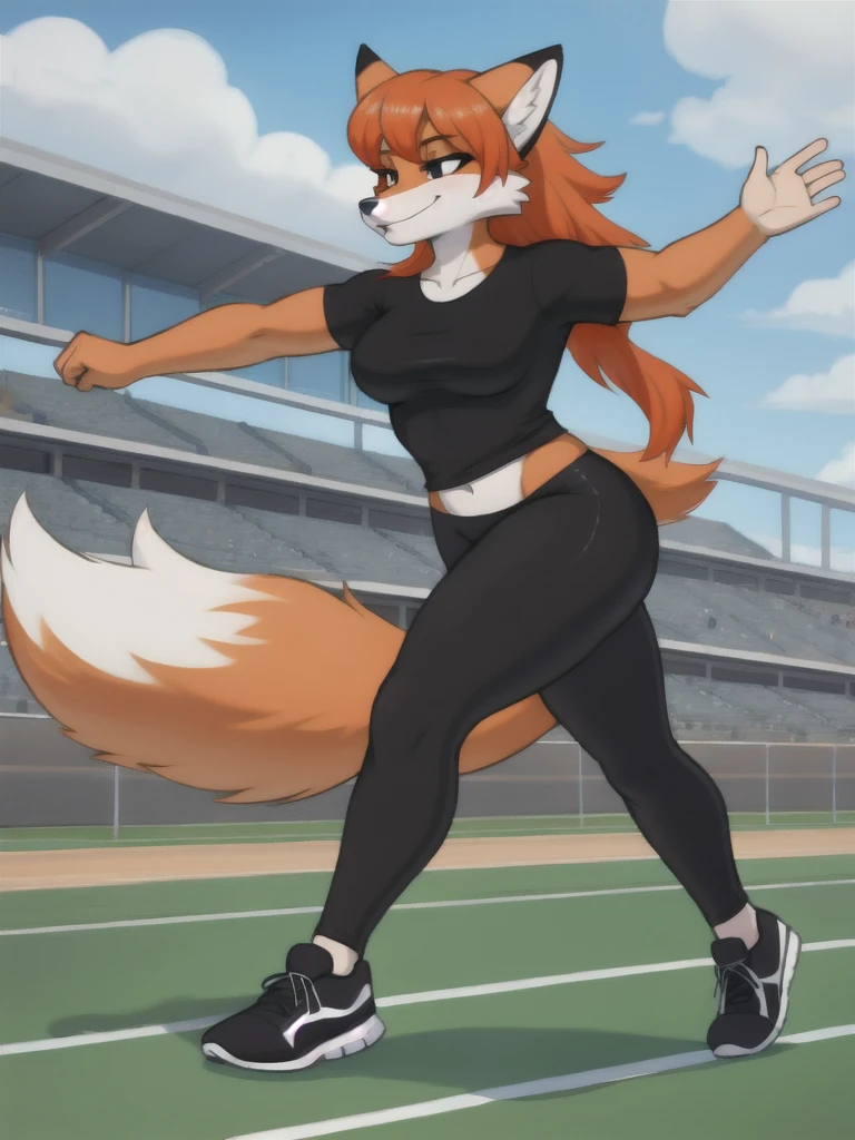 Furry, fox, female, black shirt, black leggings, shoes, running track, friends, full body