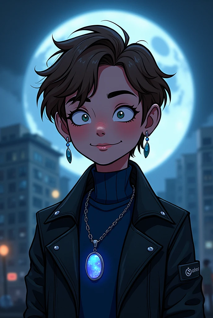 Young Brazilian human with alternative grunge style in normal clothes fascinated by Greek mythology and supernatural creatures, deep connection with the dark forces of the night, A horror RPG, mystery and investigation set in modern times, the basic image, occultist, medium hair, light brown hair color, very fair skin, moonstone necklace, at night with the moon, generally happy, wearing a navy blue long sleeve turtleneck shirt, leather jacket, outgoing, more Cartoon, artistry, animated cartoon, piercings