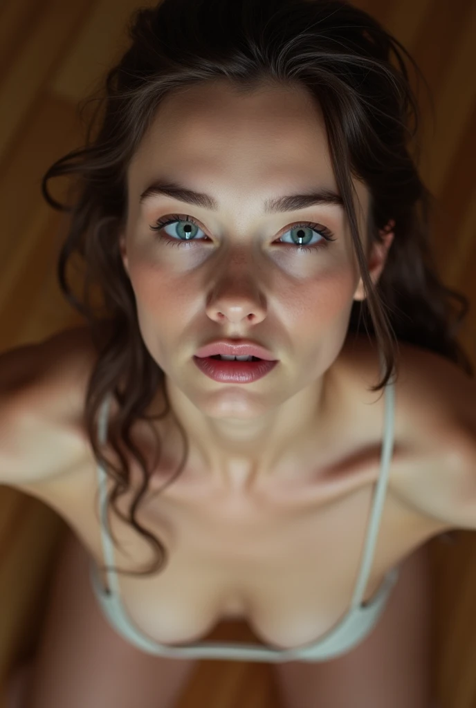 ((From a straight above, birds-eye perspective)), 1girl, Portrait of an 18 year old cute beautiful perfect face  teengirl knelt on the wooden floor, very beautiful Russian, her eyes gazing up toward the camera, topless, dark blue eyes, solo focus, close up, presenting face, looking at viewer, tempting lips, big 