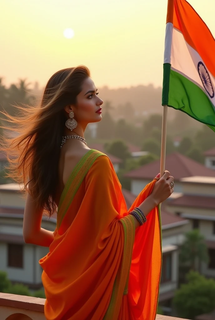 stunning young woman, with flowing hair and dressed in a traditional yet fashionable Indian outfit, actively participates in the 'Har Ghar Tiranga' campaign. She wears a vibrant saree in saffron and green, symbolizing the Indian flag's colors, with delicate accessories that highlight her elegance. The woman is standing on a balcony of a beautiful, traditional Indian house, holding the Indian flag proudly in one hand, while the other hand waves the flag gently. The background shows multiple homes with flags flying high, creating a festive and patriotic atmosphere. The sky is clear with a soft golden sunset, adding warmth and a sense of unity to the scene.