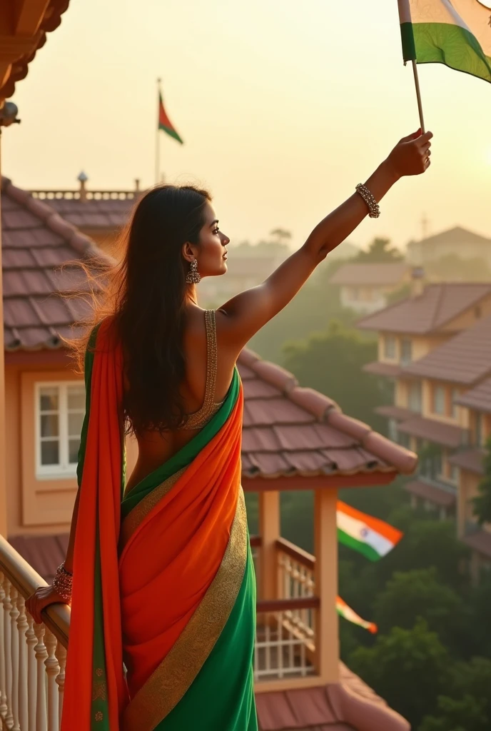 stunning young woman, with flowing hair and dressed in a traditional yet fashionable Indian outfit, actively participates in the 'Har Ghar Tiranga' campaign. She wears a vibrant saree in saffron and green, symbolizing the Indian flag's colors, with delicate accessories that highlight her elegance. The woman is standing on a balcony of a beautiful, traditional Indian house, holding the Indian flag proudly in one hand, while the other hand waves the flag gently. The background shows multiple homes with flags flying high, creating a festive and patriotic atmosphere. The sky is clear with a soft golden sunset, adding warmth and a sense of unity to the scene.