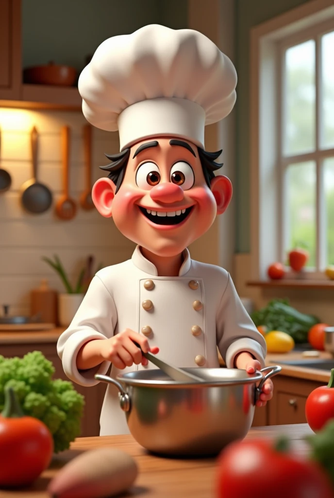 Create a 3D model of a chef in the Pixar style. The chef should have a friendly and charismatic appearance, with exaggerated and expressive features typical of the Pixar style. They should be wearing a white chef's uniform with a large, round chef's hat. The apron should be visibly clean and well-fitting. The chef should be in a dynamic pose, perhaps stirring a pot or holding a spatula with an animated smile on their face. The environment should be a stylized and colorful kitchen, with details like large, colorful utensils, Fresh and vibrant ingredients. The lighting should be soft and create a welcoming and cheerful atmosphere."