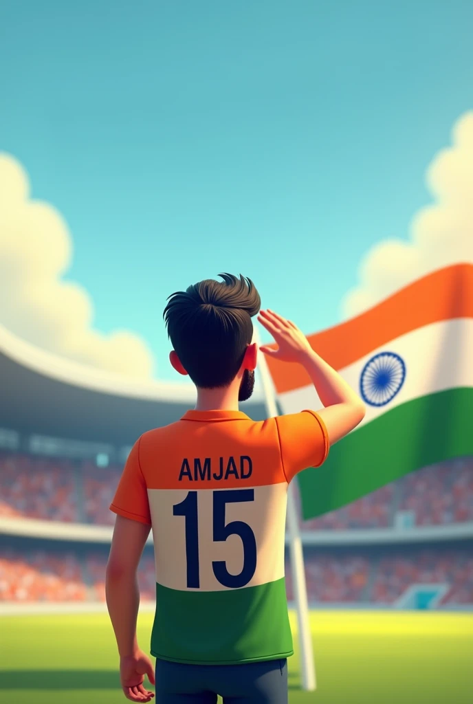 A 30 years old boy salutes the national flag of Bharat in a cricket stadium and he is wearing a shirt print is like Bharat flag and " AMJAD " and 15 number and independence day in small written on it's back in big and bold fonts, 3d illustration.