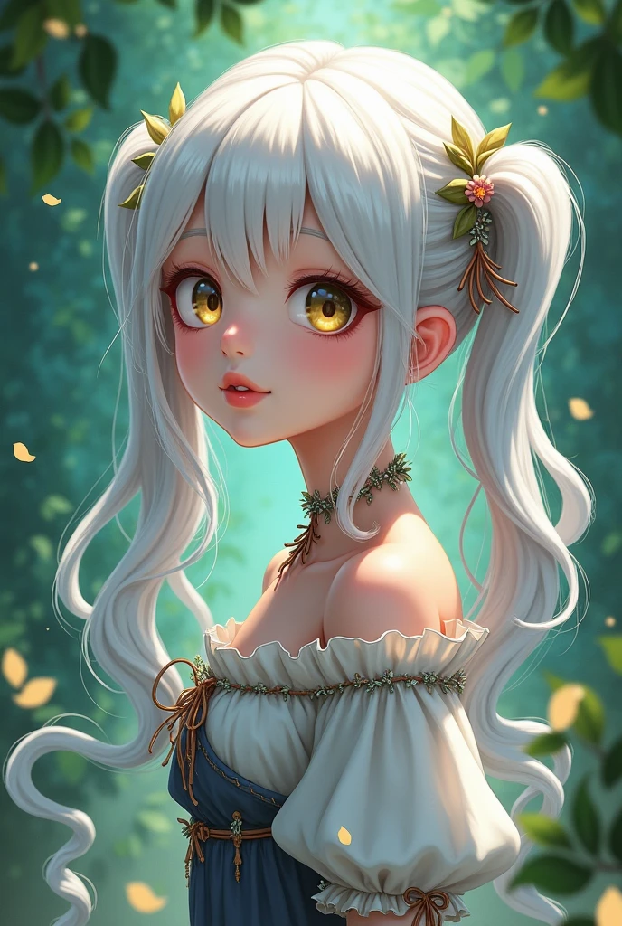 a beautiful little witch, with white hair in 2d anime style