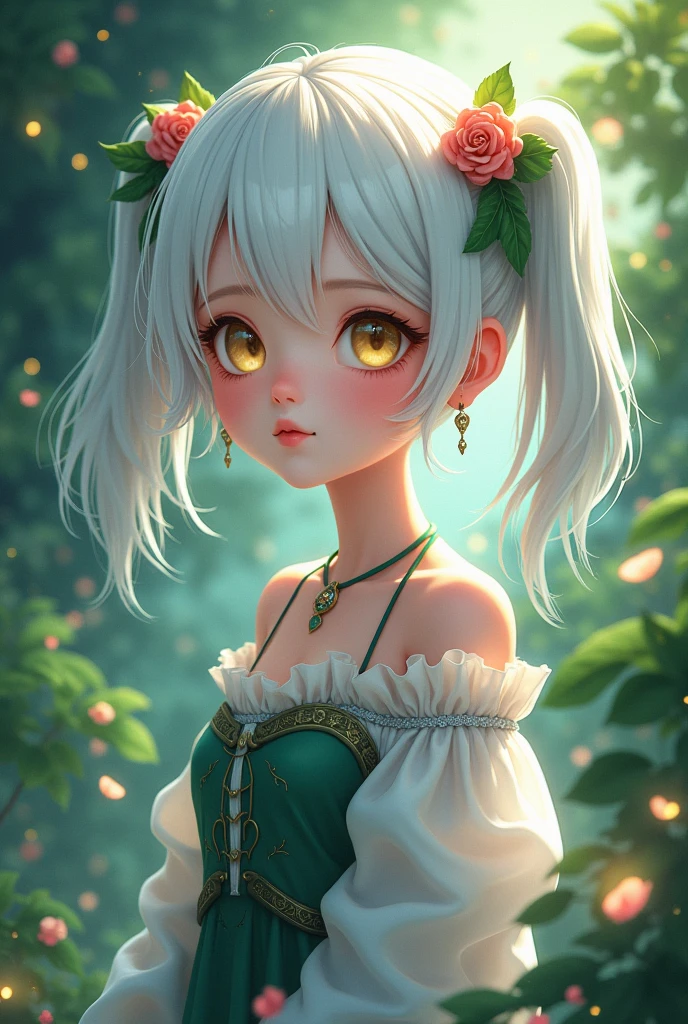 a beautiful little witch, with white hair in 2d anime style